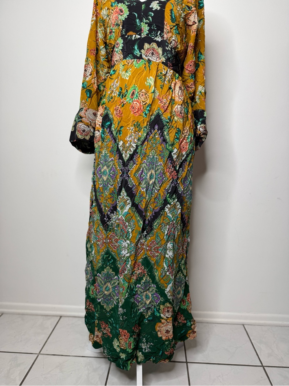 Anthropologie Mustard and Green Floral V-Neck Maxi Dress - Picture 9 of 13